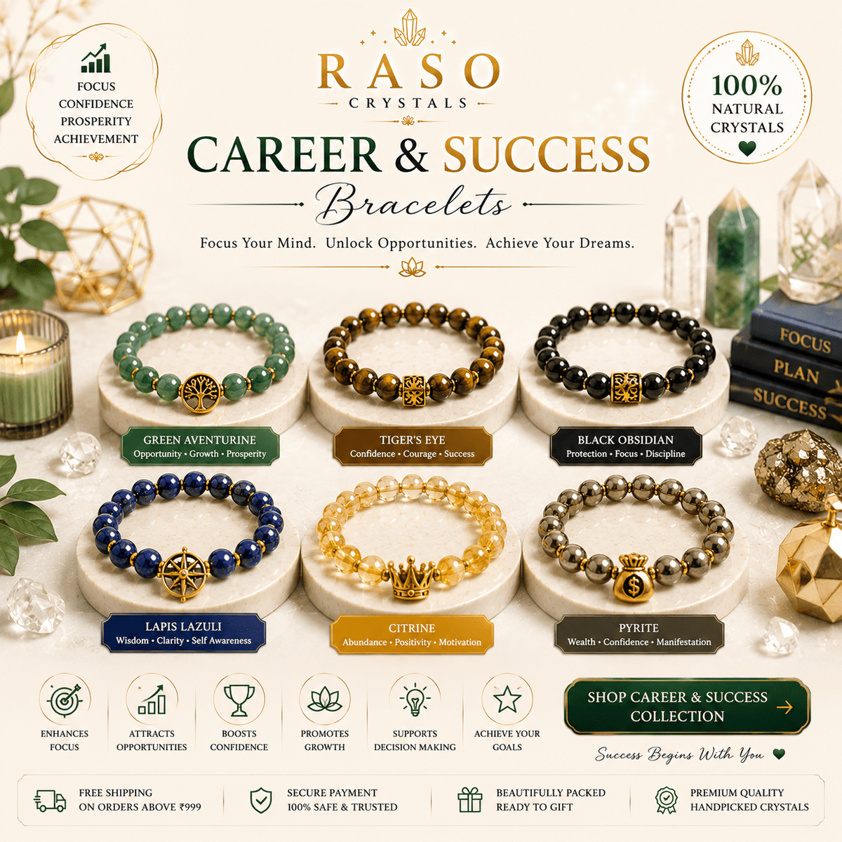 Career &amp; Success Crystal Bracelets: - Raso Crystal
