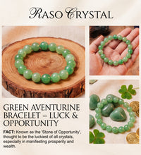 Green aventurine crystal bracelet shown in multiple product photos on a beige background with the brand name Raso Crystal and descriptive text. The bracelet appears as a round bead strand on a wood slice, worn on a hand, and arranged with stones and coins.