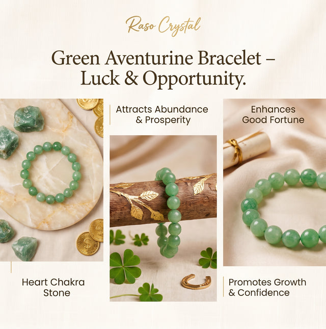 A green aventurine beaded bracelet displayed on a folded cream fabric cloth, surrounded by decorative props including four-leaf clovers, bronze coins, moss, a small polished crystal, and a fact card. The text 'RASO CRYSTAL' appears at the top and 'GREEN AVENTURINE BRACELET – Luck & Opportunity' appears at the bottom.