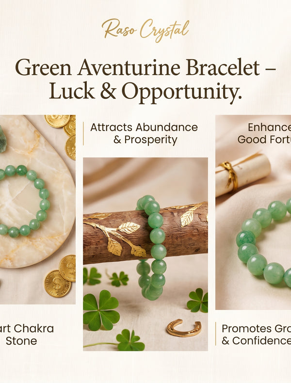 A green aventurine beaded bracelet displayed on a folded cream fabric cloth, surrounded by decorative props including four-leaf clovers, bronze coins, moss, a small polished crystal, and a fact card. The text 'RASO CRYSTAL' appears at the top and 'GREEN AVENTURINE BRACELET – Luck & Opportunity' appears at the bottom.