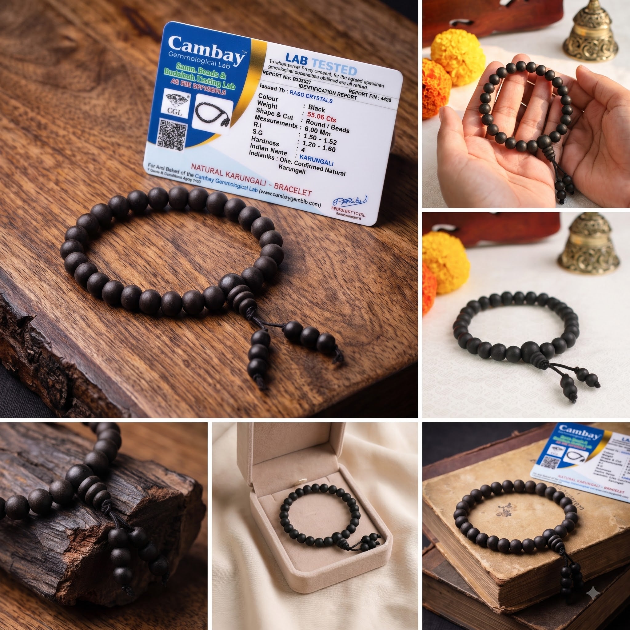 Karungali Bracelet 8mm (Certified) – Original Ebony Wood | Protection | Raso Crystals