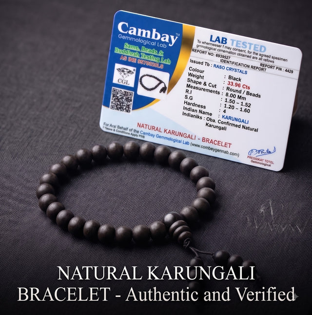 Karungali Bracelet 8mm (Certified) – Original Ebony Wood | Protection | Raso Crystals