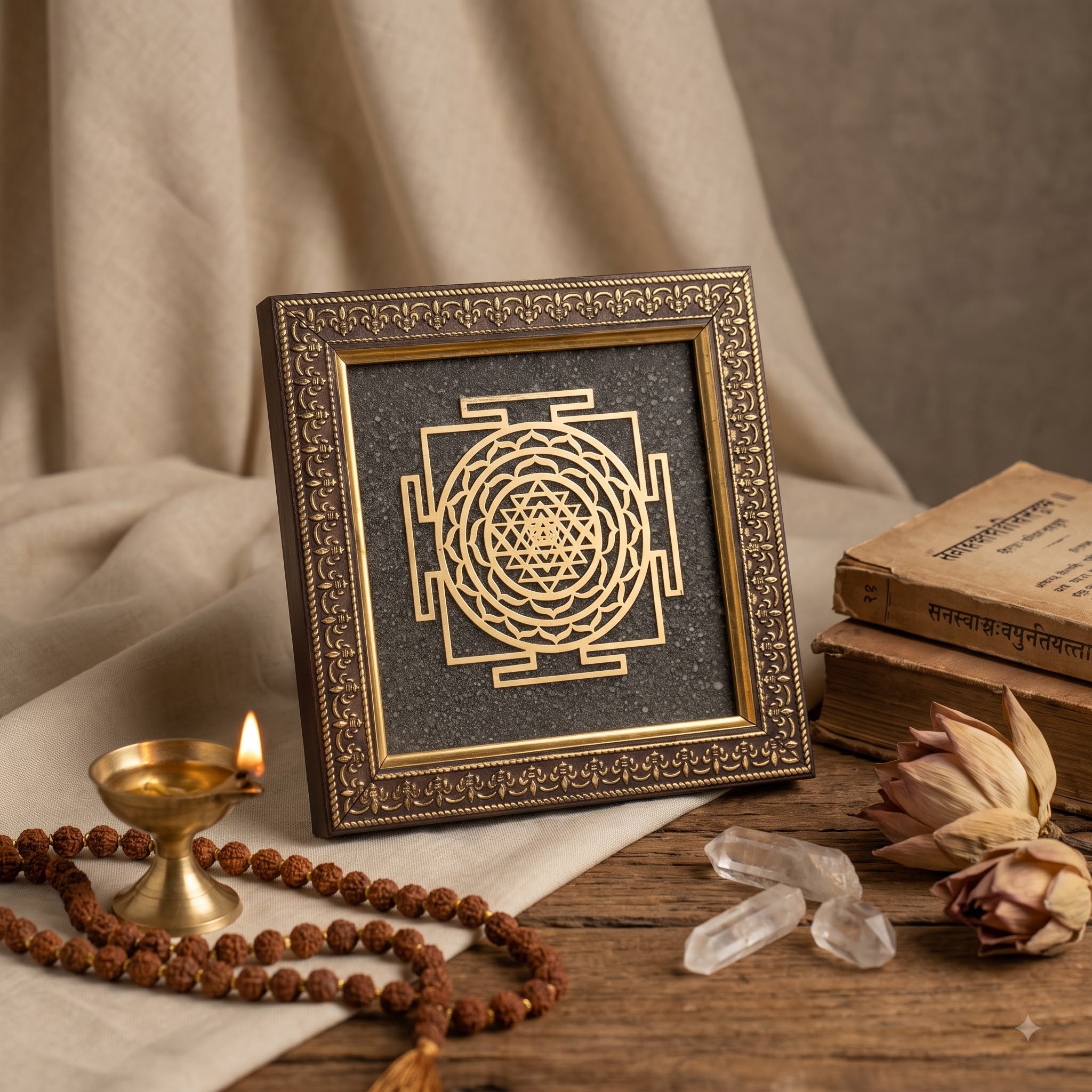 hri Yantra Pyrite Dust Frame for Prosperity | Raso CrystalsRaso Crystal