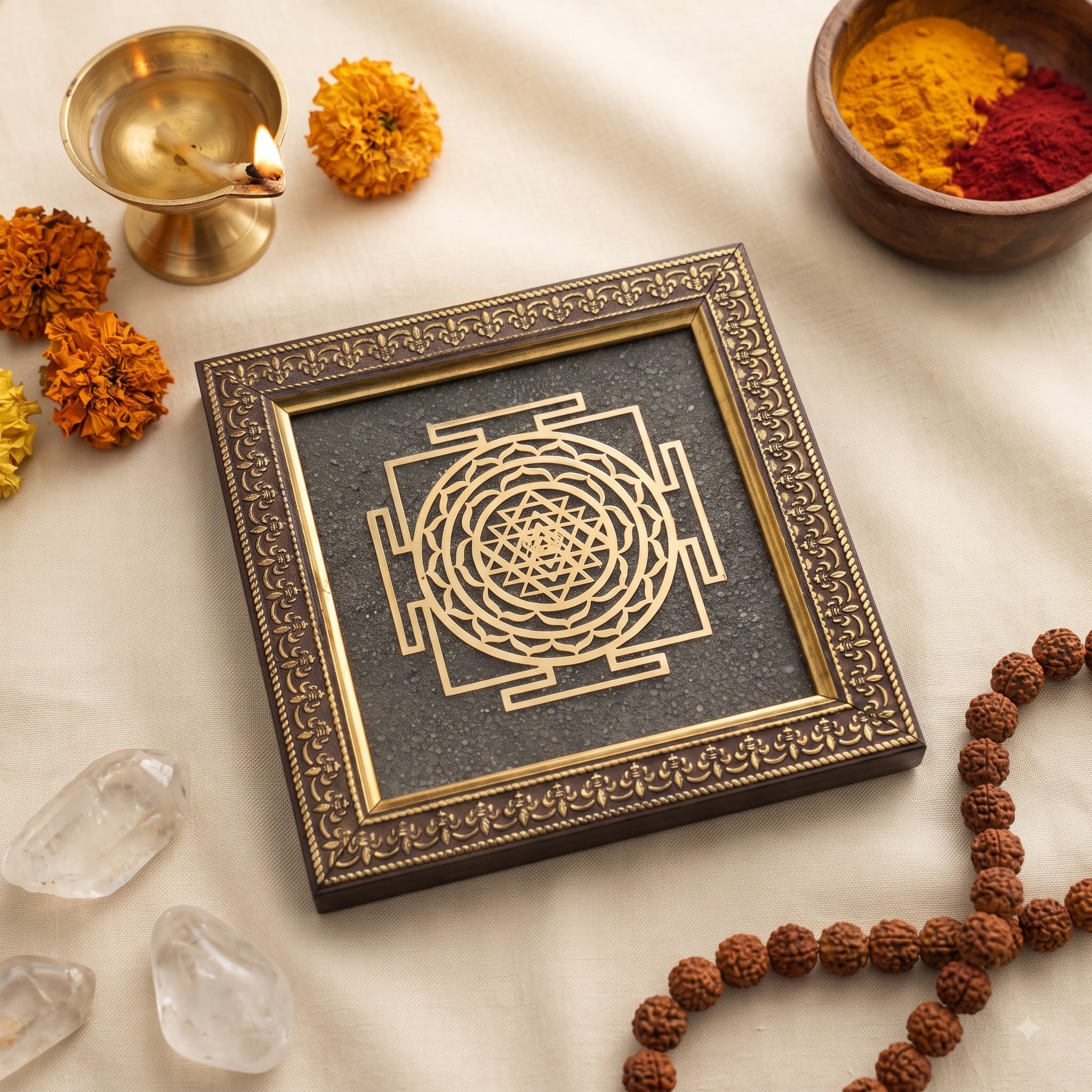 hri Yantra Pyrite Dust Frame for Prosperity | Raso CrystalsRaso Crystal