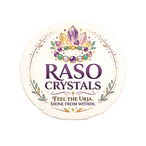 A round cream-colored product package or label for Raso Crystals, featuring a decorative crystal crown illustration in purple, yellow, green, and white, with the text 'RASO CRYSTALS' and 'FEEL THE URJA. SHINE FROM WITHIN.