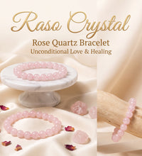Pink rose quartz beaded bracelets displayed on a white marble stand, draped on cream satin fabric with dried rose petals, and shown on a wooden branch. The text 'Raso Crystal Rose Quartz Bracelet Unconditional Love & Healing' is displayed at the top.