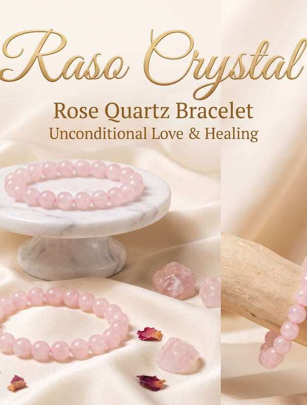 A pink crystal beaded bracelet arranged on a soft cream fabric backdrop, with a small white dish holding dried rose petals and a dried rose, plus several loose polished pink crystal stones. The words 'Raso Crystal' appear at the top.