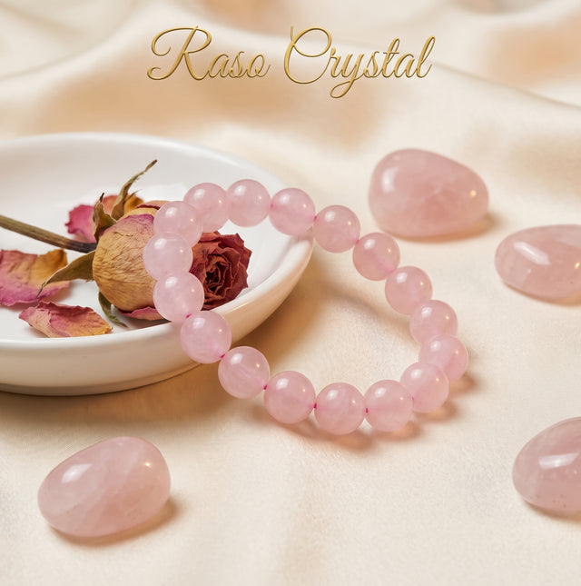 A pink crystal beaded bracelet arranged on a soft cream fabric backdrop, with a small white dish holding dried rose petals and a dried rose, plus several loose polished pink crystal stones. The words 'Raso Crystal' appear at the top.