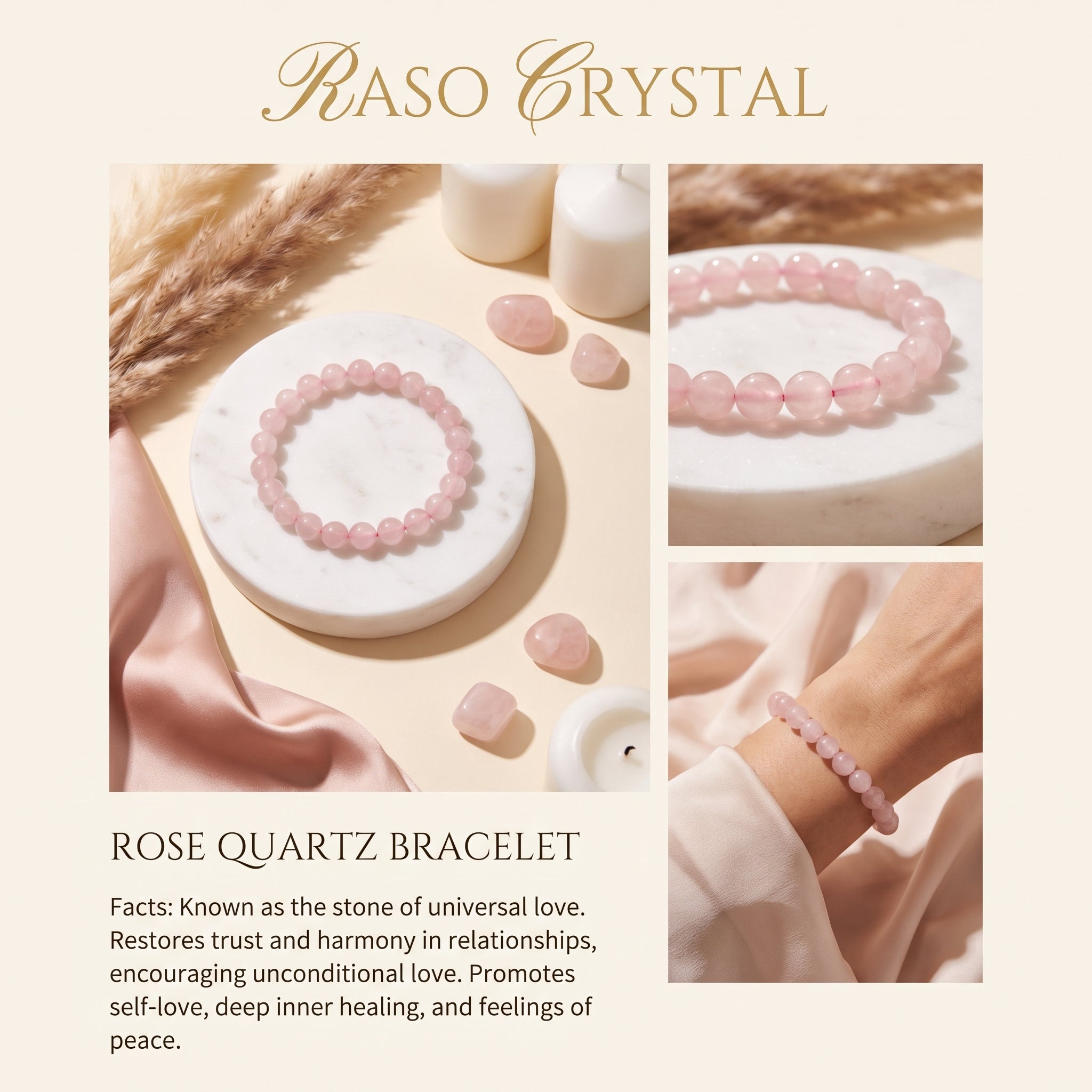 A promotional collage for a rose quartz bracelet. The main panel shows a pink beaded bracelet arranged on a white marble coaster with candles and dried grass.