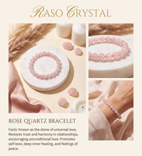 A promotional collage for a rose quartz bracelet. The main panel shows a pink beaded bracelet arranged on a white marble coaster with candles and dried grass.