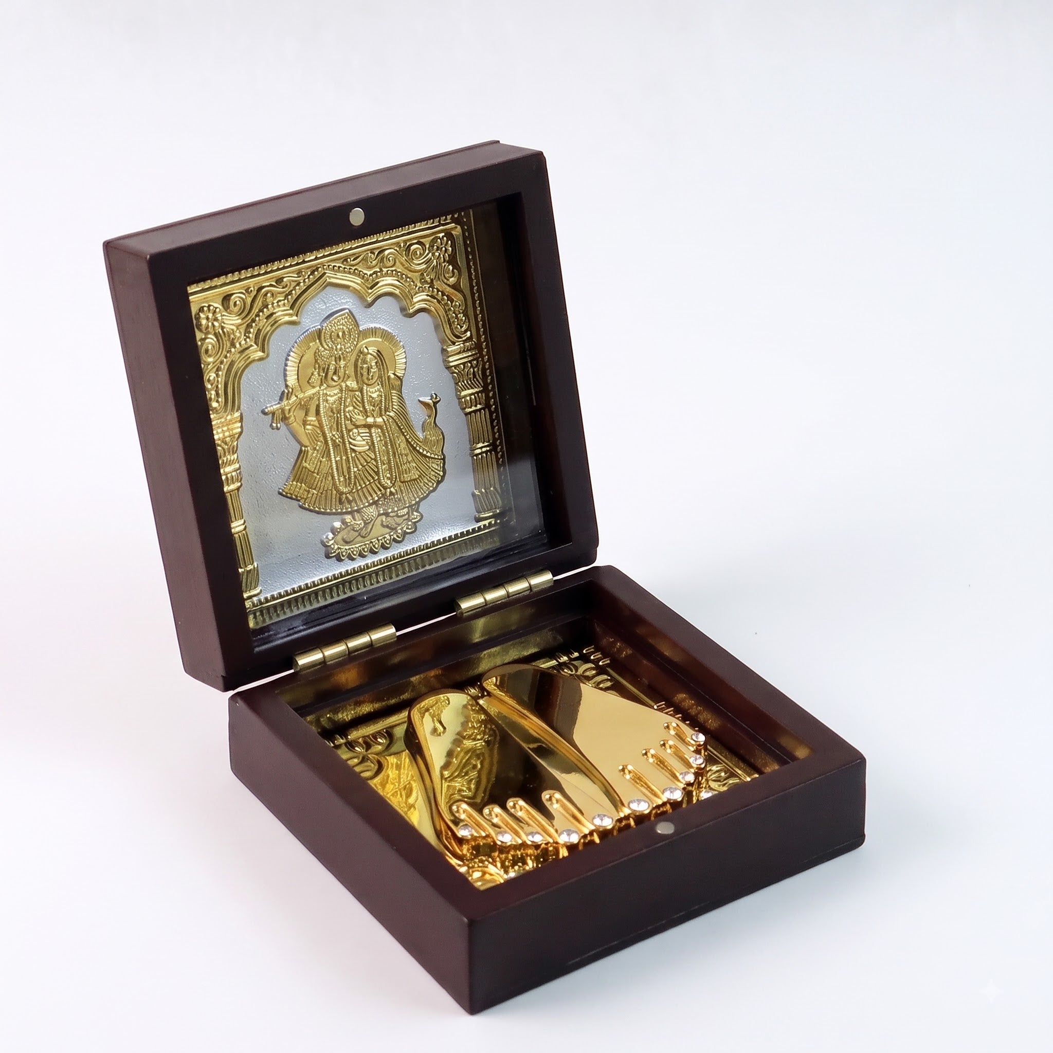 Charan Paduka Gold Finish in Wooden Box – Elegant Pooja Gift | Rasocrystal