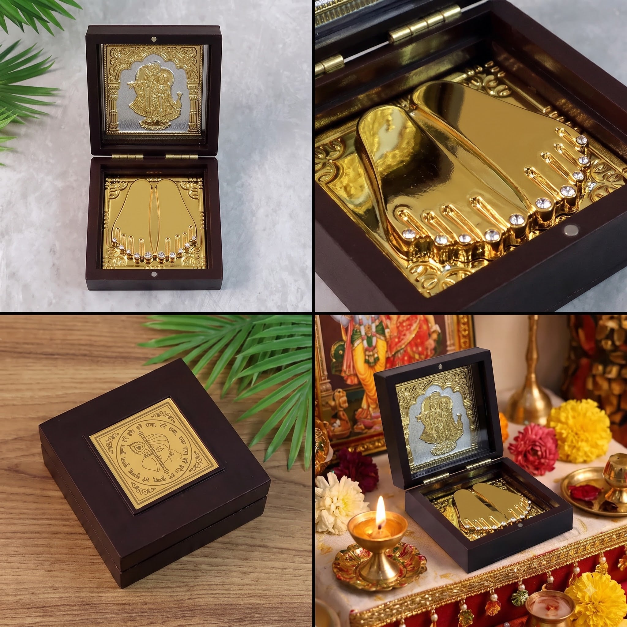 Charan Paduka Gold Finish in Wooden Box – Elegant Pooja Gift | Rasocrystal