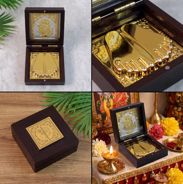 Charan Paduka Gold Finish in Wooden Box – Elegant Pooja Gift | Rasocrystal