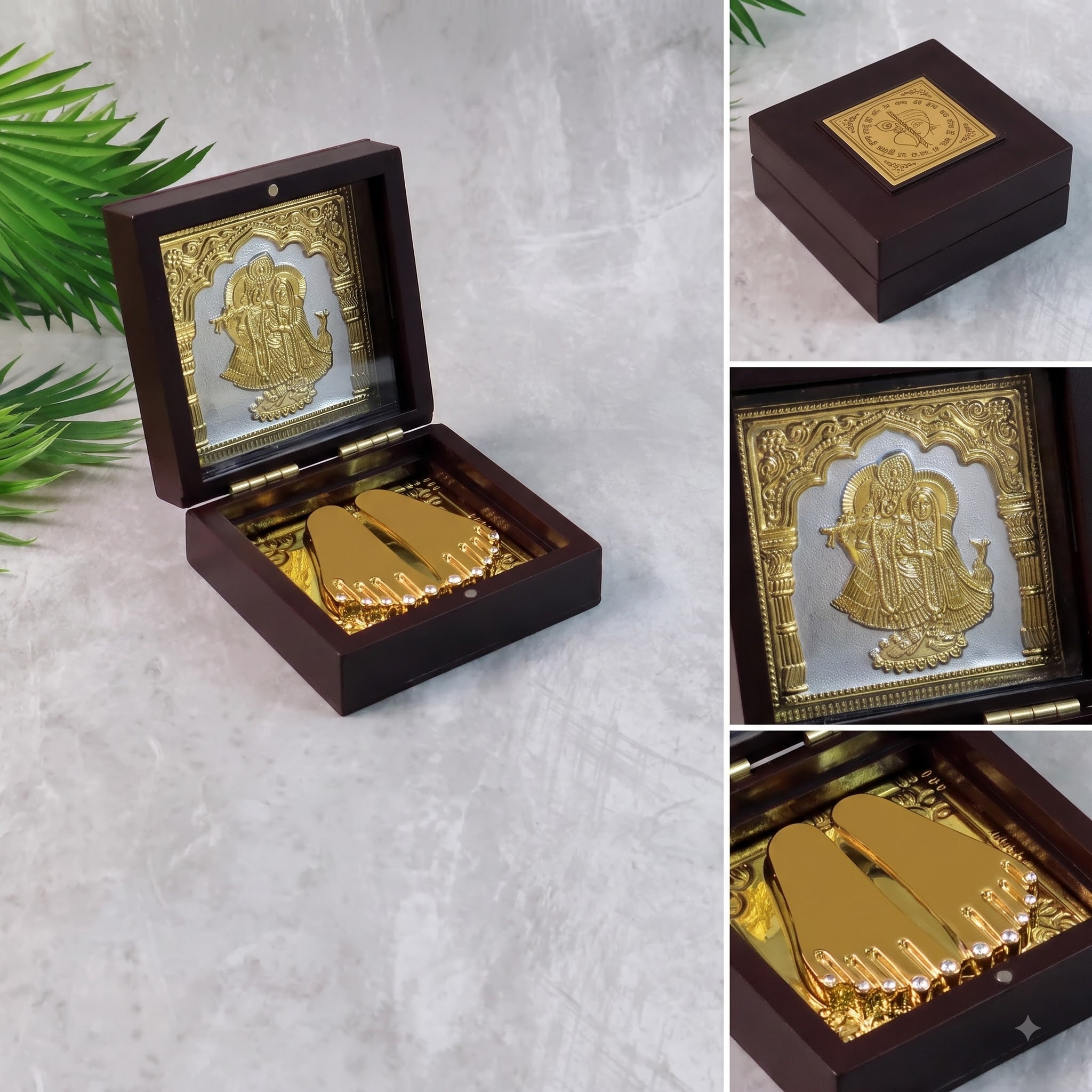 Charan Paduka Gold Finish in Wooden Box – Elegant Pooja Gift | Rasocrystal