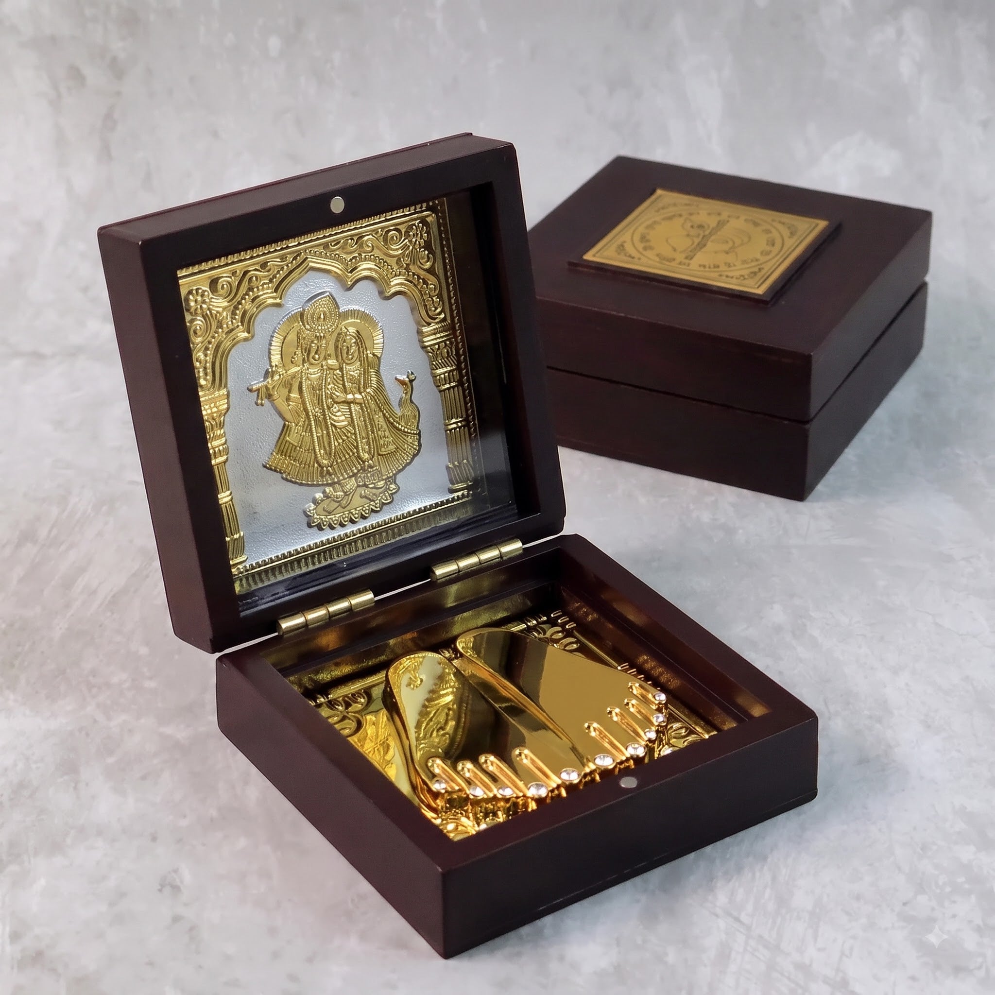Charan Paduka Gold Finish in Wooden Box – Elegant Pooja Gift | Rasocrystal