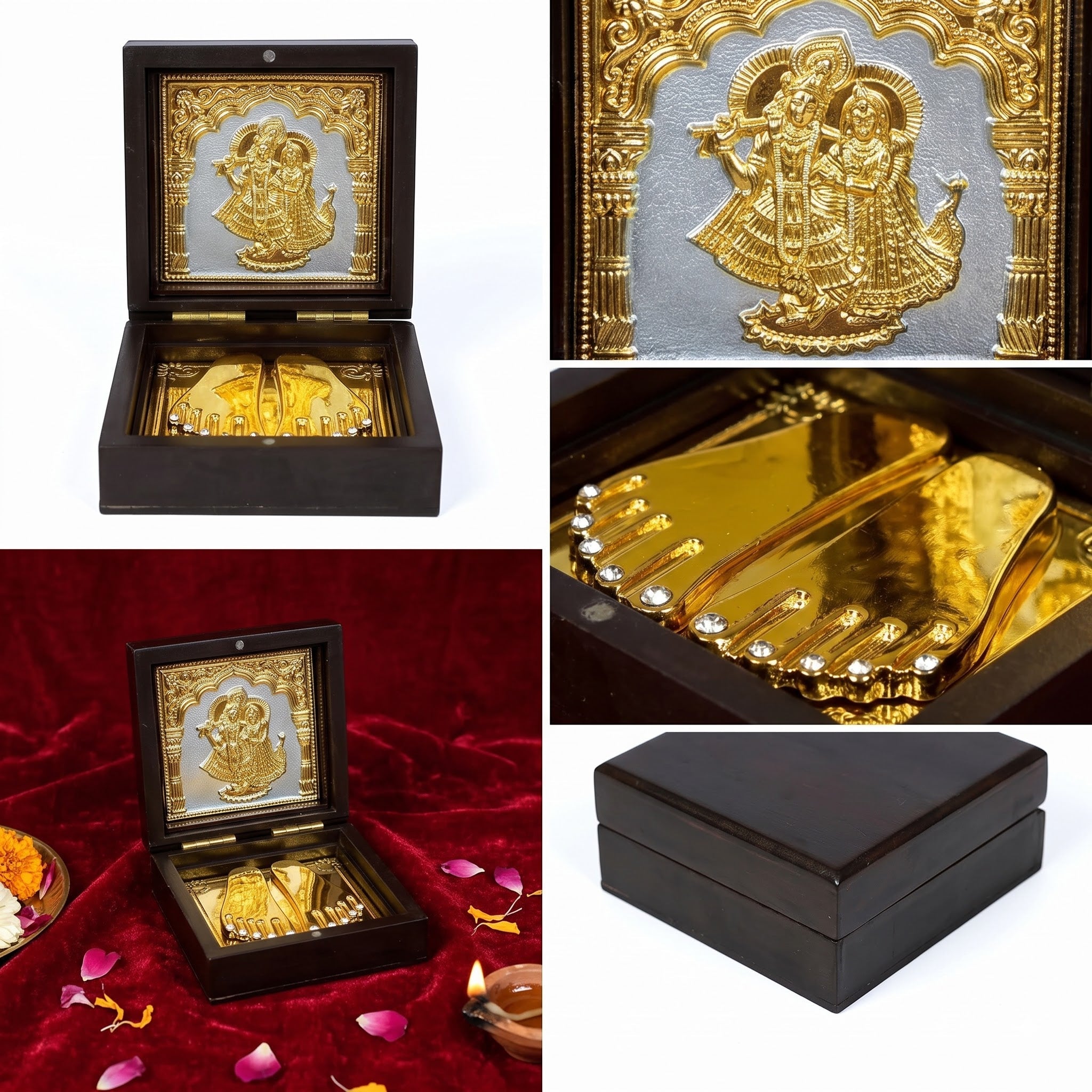 Charan Paduka Gold Finish in Wooden Box – Elegant Pooja Gift | Rasocrystal