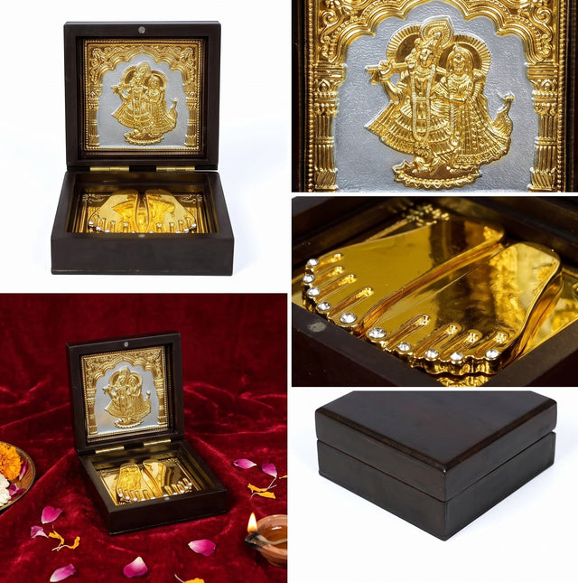 Charan Paduka Gold Finish in Wooden Box – Elegant Pooja Gift | Rasocrystal