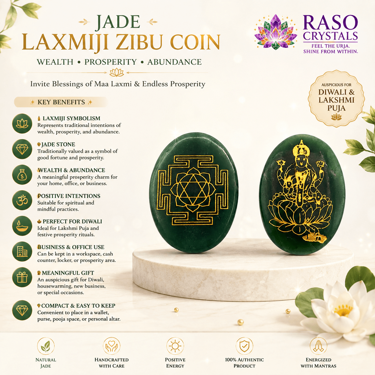 Jade Laxmiji Zibu Coin Wealth Switch Coin – Money Stone for Prosperity & Abundance | Raso Crystal