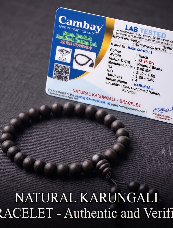 Karungali Bracelet 8mm (Certified) – Original Ebony Wood | Protection | Raso Crystals