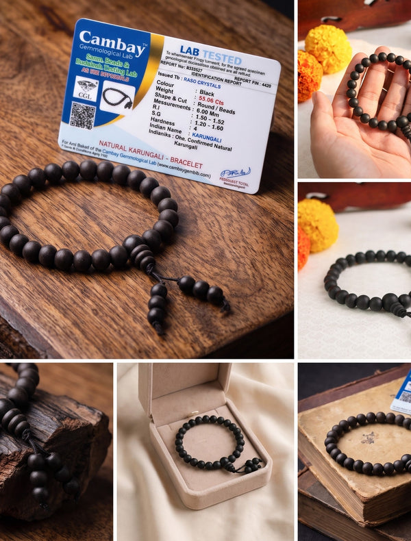 Karungali Bracelet 8mm (Certified) – Original Ebony Wood | Protection | Raso Crystals