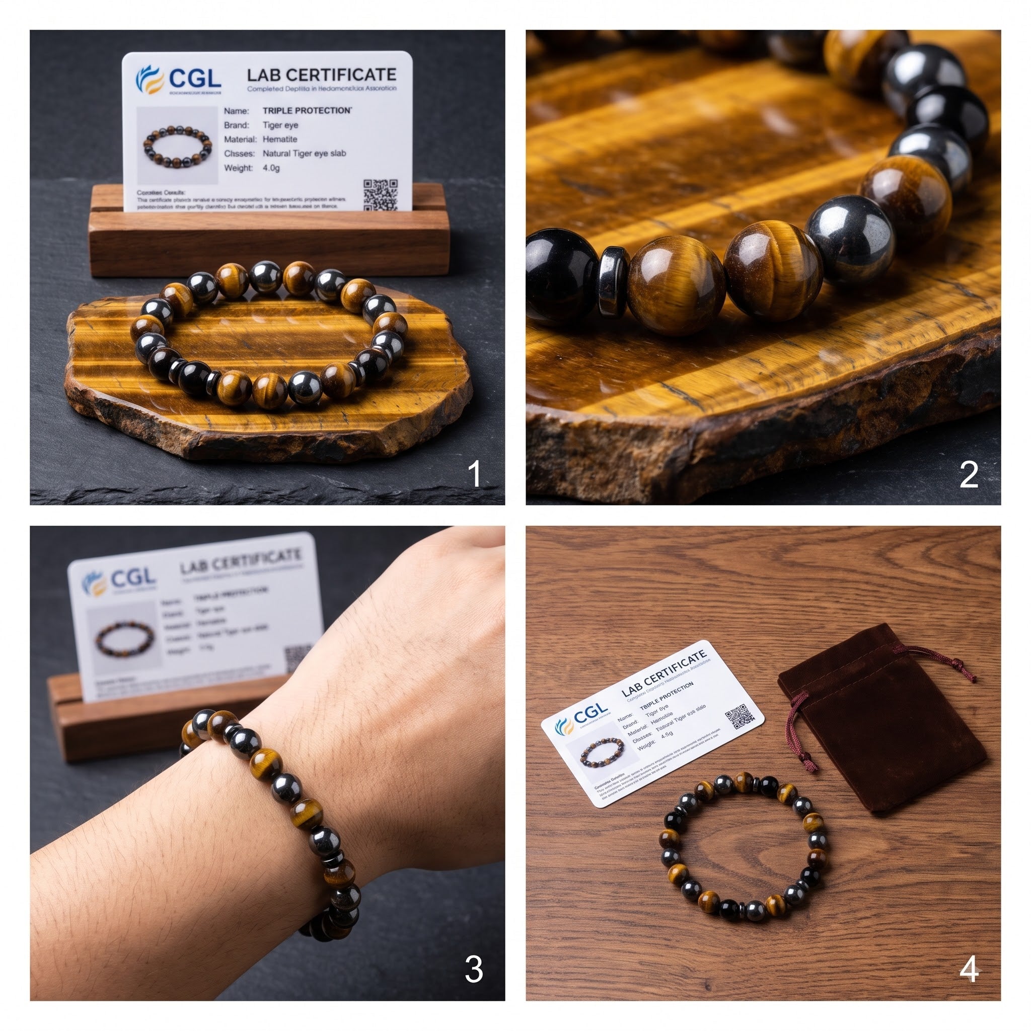 Triple Protection Bracelet – Black Obsidian, Tiger Eye & Hematite | Raso Crystals