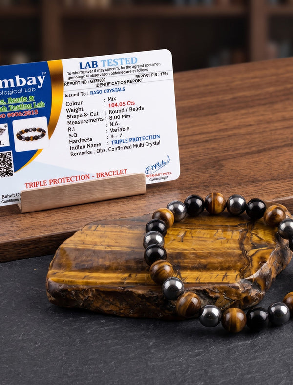 Triple Protection Bracelet – Black Obsidian, Tiger Eye & Hematite | Raso Crystals
